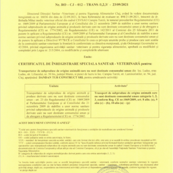 CERTIFICAT DE ÎNREGISTRARE SPECIALĂ SANITAR - VETERINARĂ